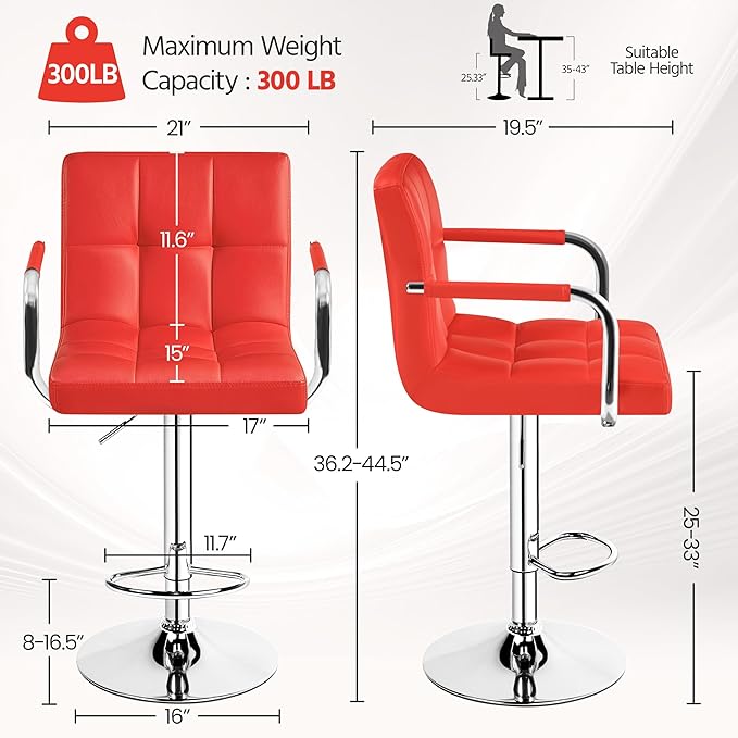 Yaheetech Bar Stools Set of 2, PU Leather Adjustable Swivel Barstools, Hydrau...