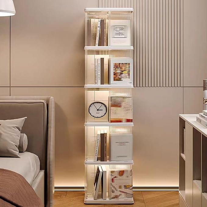 Rotating Bookshelf Tower, 360-Degree rotating bookshelves , Small-Space Corner Spinning Bookshelf , Revolving Bookcase Suitable for Bedrooms, Living Rooms, Studies and Offices (Rectangular，White）