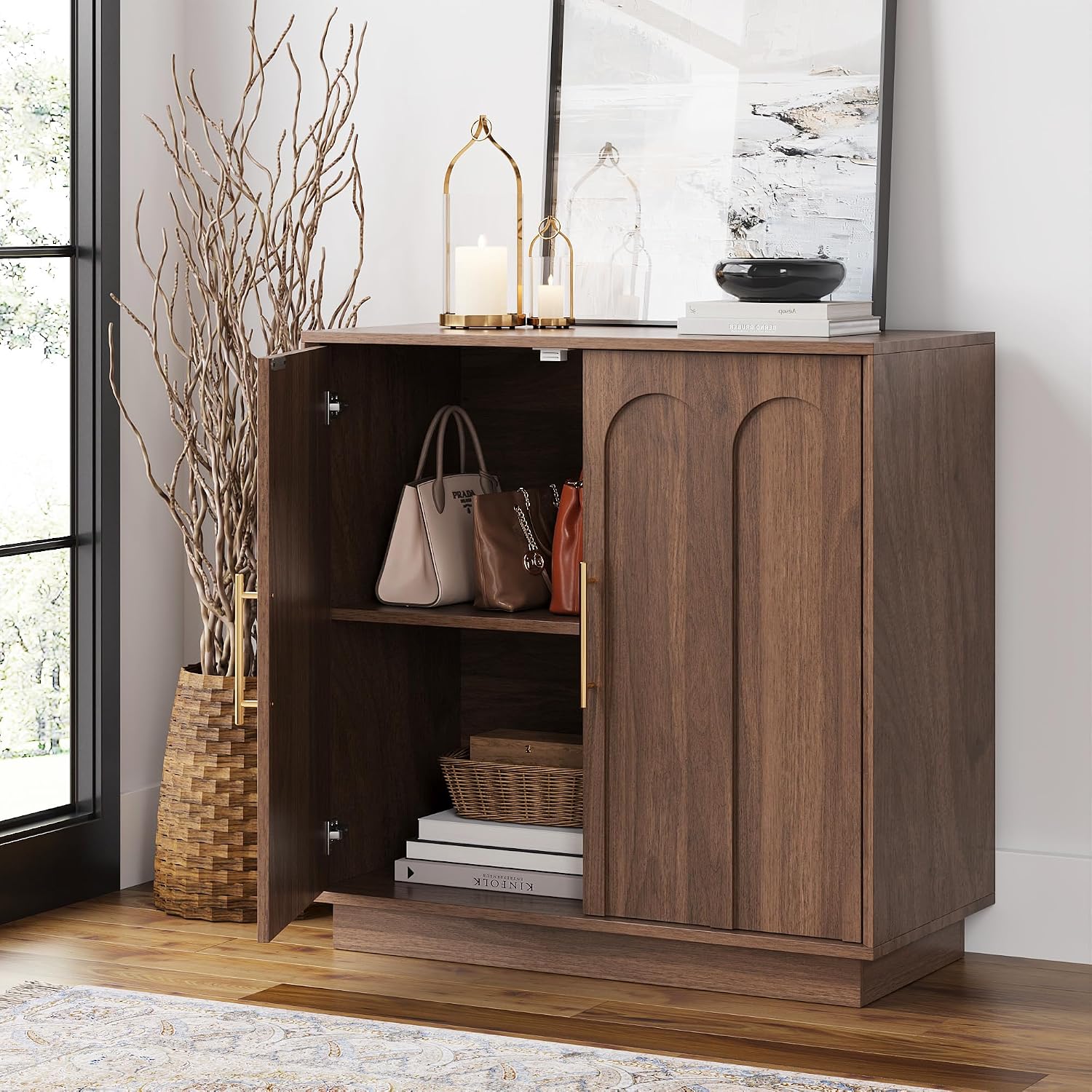 FORTUNETEC 31.5" Sideboard Buffet Cabinet with Storage, Walnut, 3pcs | Wood Modular Media Console, Mid Century Modern Credenza with Arched Doors for Living Room Kitchen Dining Room Entryway