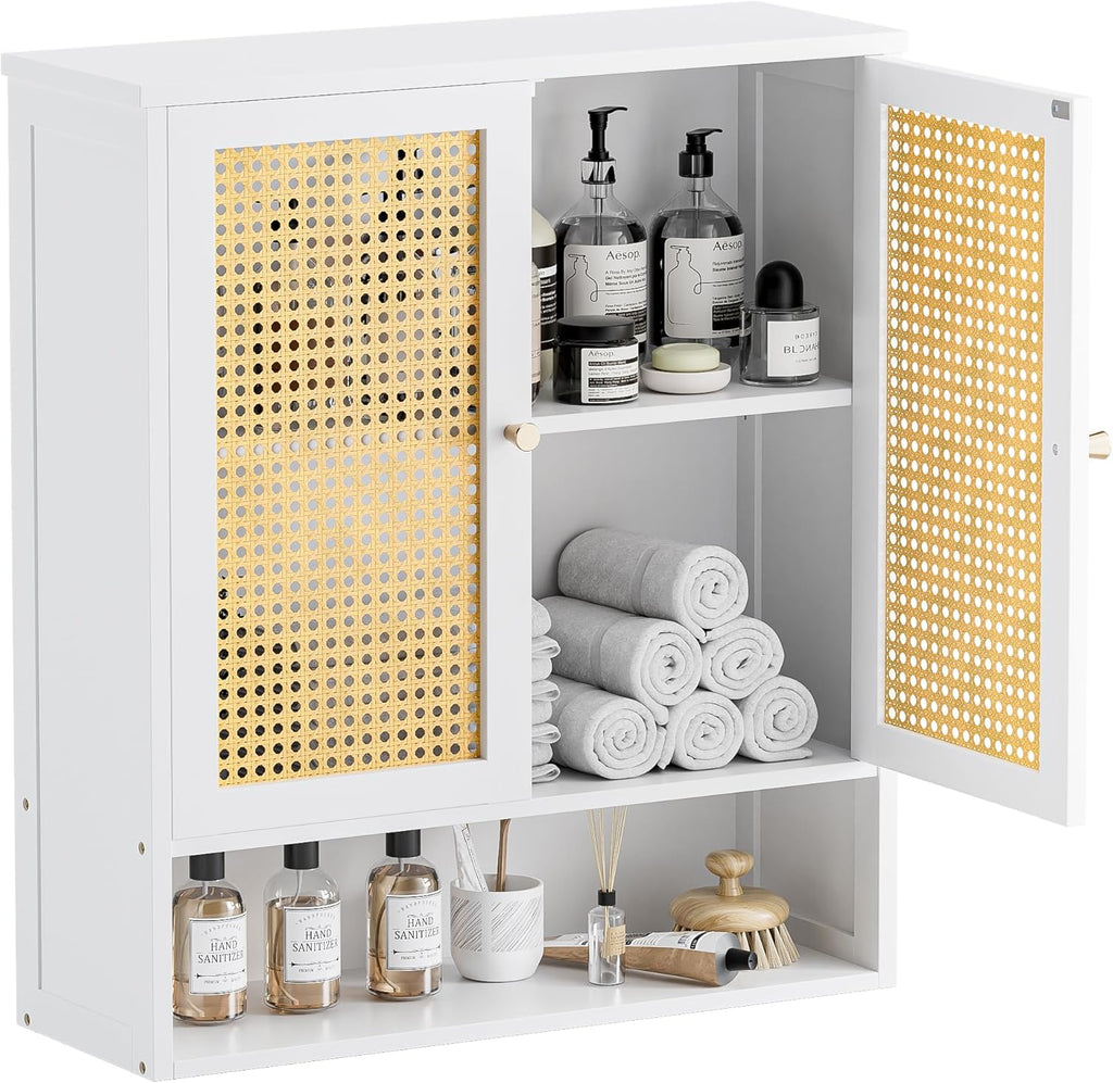 HITNET Bathroom Wall Cabinet, Rattan Medicine Cabinet, Bamboo Hanging Storage Organizer Over The Toilet with Adjustable Shelf for Living Room, Kitchen, Hallway(White)