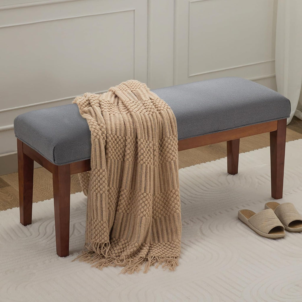 WUTUTUEE 43.5'' Linen Bedroom Bench, Upholstered End of Bed Bench, Padded Vintage Dining Bench, Entryway Bench with Solid Wood Legs, Kitchen, Living Room, Hallway, Dark Grey