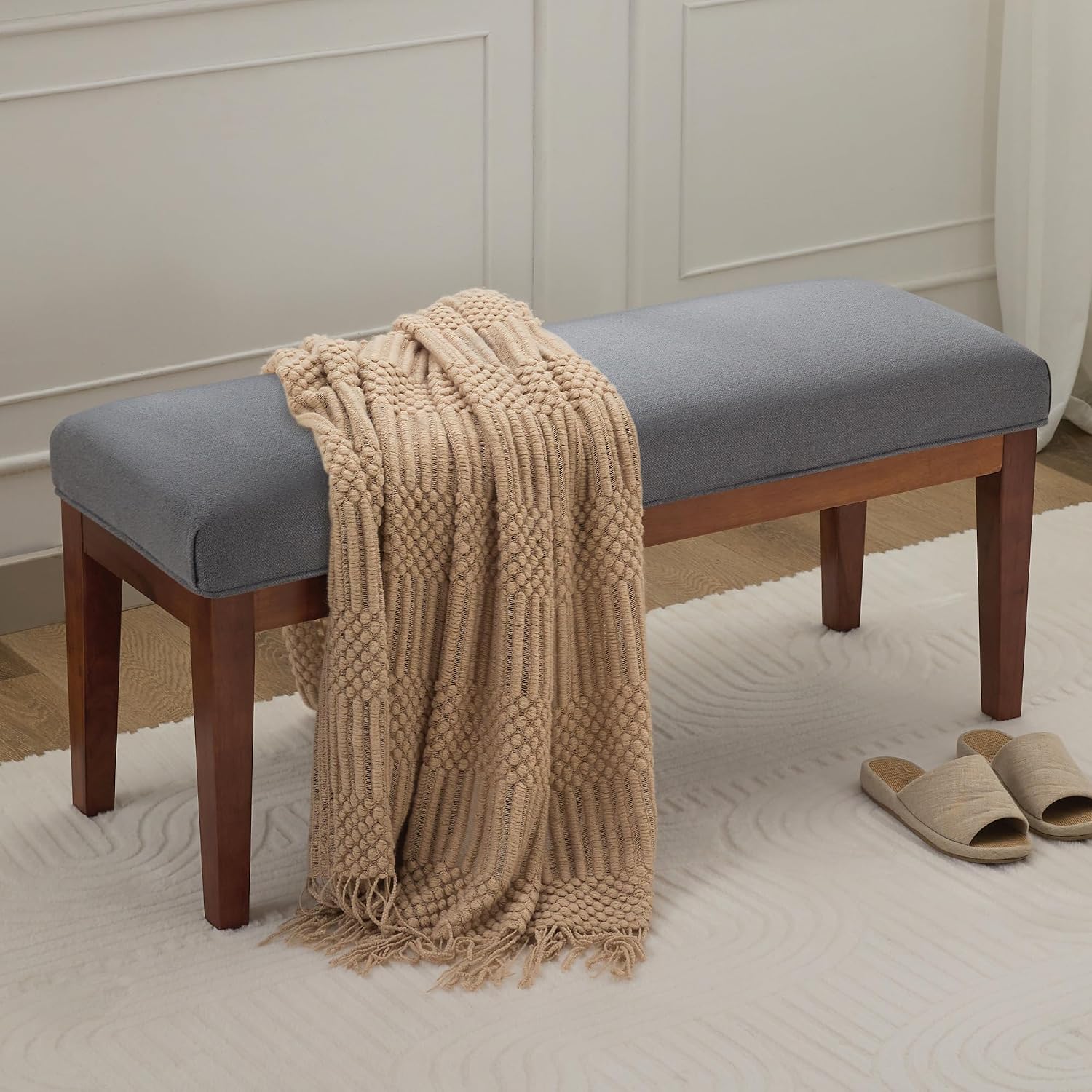 WUTUTUEE 43.5'' Linen Bedroom Bench, Upholstered End of Bed Bench, Padded Vintage Dining Bench, Entryway Bench with Solid Wood Legs, Kitchen, Living Room, Hallway, Dark Grey