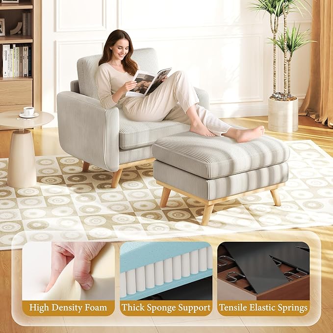 Vesgantti 38.5" Accent Chair with Movable Ottoman, Comfy Corduroy Armchair with Spring Cushion, Reading Chair with Ottoman, Modern Single Sofa for Living Room, Bedroom and Apartment, Light Gray