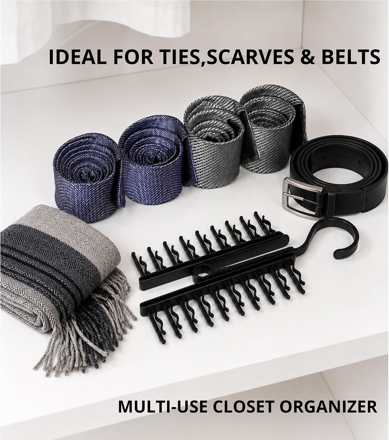 Tie Hanger for Men – 2 Pack Space-Saving Tie Organizer for Closet – Durable Plastic Scarf & Belt Hanger – 20-Tie Capacity Rack, Black – Closet Organizer for Ties, Scarves & Accessories