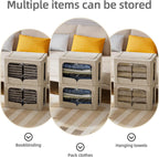 FHSQX 3 Pack Clothes Storage Bins - Foldable Metal Frame Storage Box - Stackable Linen Fabric Container Organizer Set with Carrying Handles and Clear Window (Beige, 16.5x12.2x12.2inch(40L))