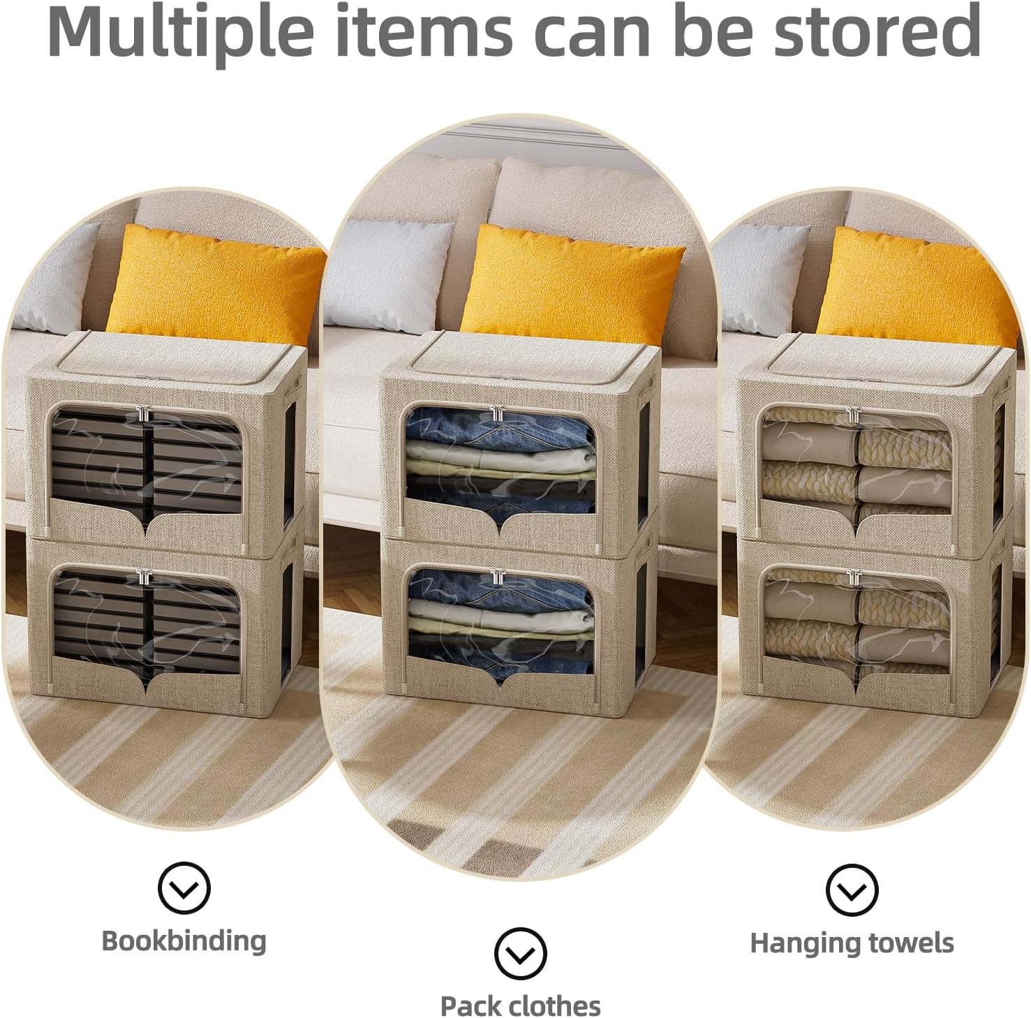 FHSQX 3 Pack Clothes Storage Bins - Foldable Metal Frame Storage Box - Stackable Linen Fabric Container Organizer Set with Carrying Handles and Clear Window (Beige, 16.5x12.2x12.2inch(40L))