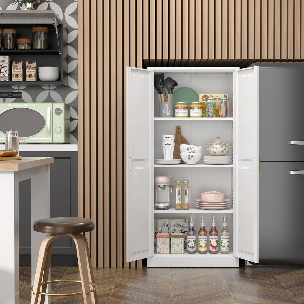 Steeloong 60"Metal Pantry Storage Cabinet with Doors & 3 Adjustable Shelves | Kitchen Pantry Cabinet,White Kitchen Cabinet with 2 Gold Handles,Tall Cabinet for Livingroom,Pantry, Bathroom,Kitchen