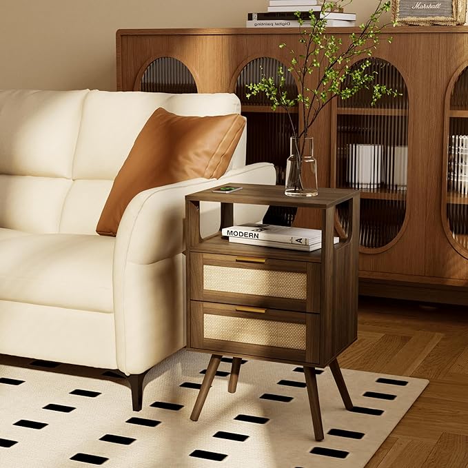Rattan Nightstand,Farmhouse Bedside Table with 2 Storage Drawer and Open Wood...