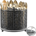 OVICAR 360° Rotating Utensil Holder Caddy - Fast-Drying Silverware Flatware Organizer - 4 Compartment Large Cutlery Holder with Handle For Kitchen Countertop Party Office Picnic Table Black