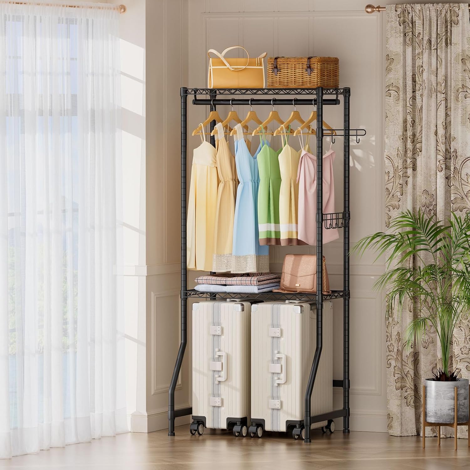 Golpart Over Washer and Dryer Shelves,2 Tier Adjustable Height Wire Shelving Laundry Room Storage Organization Clothes Drying Rack with Hanger Rod&Hooks,Space Saving Organizers Shelf,Black