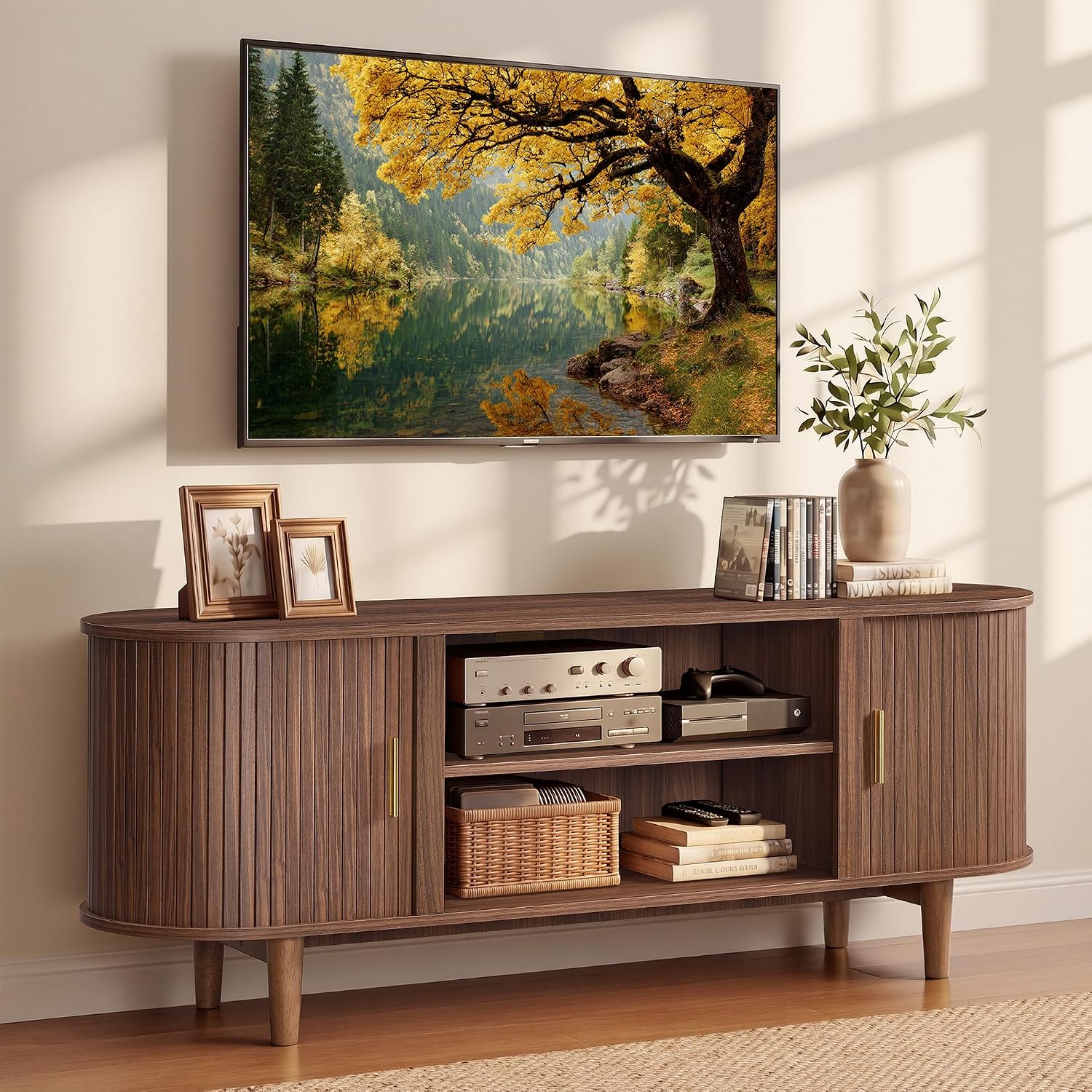 VASAGLE TV Stand for 65-Inch TVs, Mid Century Entertainment Center with Storage, Fluted Sliding Doors, Media Console Table for Living Room, Bedroom, Chestnut Walnut ULTV633K101