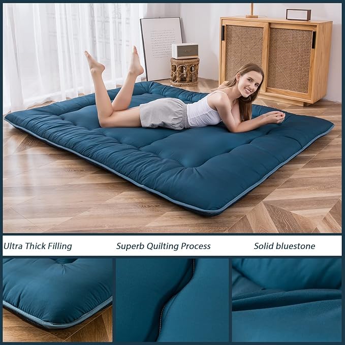 MAXYOYO Japanese Floor Mattress Futon Mattress, 4" Thicken Tatami Mat Sleeping Pad Foldable Roll Up Mat Boys Girls Dormitory Pad Kids Floor Lounger Pillow Bed, Charcoal Grey, Queen Size