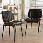 Mid Century Modern Dining Chairs Set of 8, Upholstered Faux Leather Kitchen Dining Room Living Room Chairs, Walnut Wood Bentwood Back and Metal Legs, Black