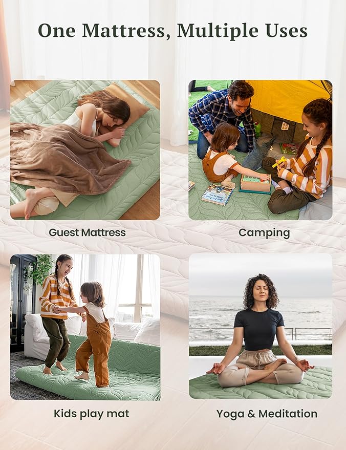 ZonLi Japanese Floor Mattress Futon Mattress Full Size, Thicken Roll Up Tatami Mat w/ 100% Cotton Washable Cover, Portable & Foldable Floor Bed Mattress for Sleeping, Dormitory, Adult Kids, Green