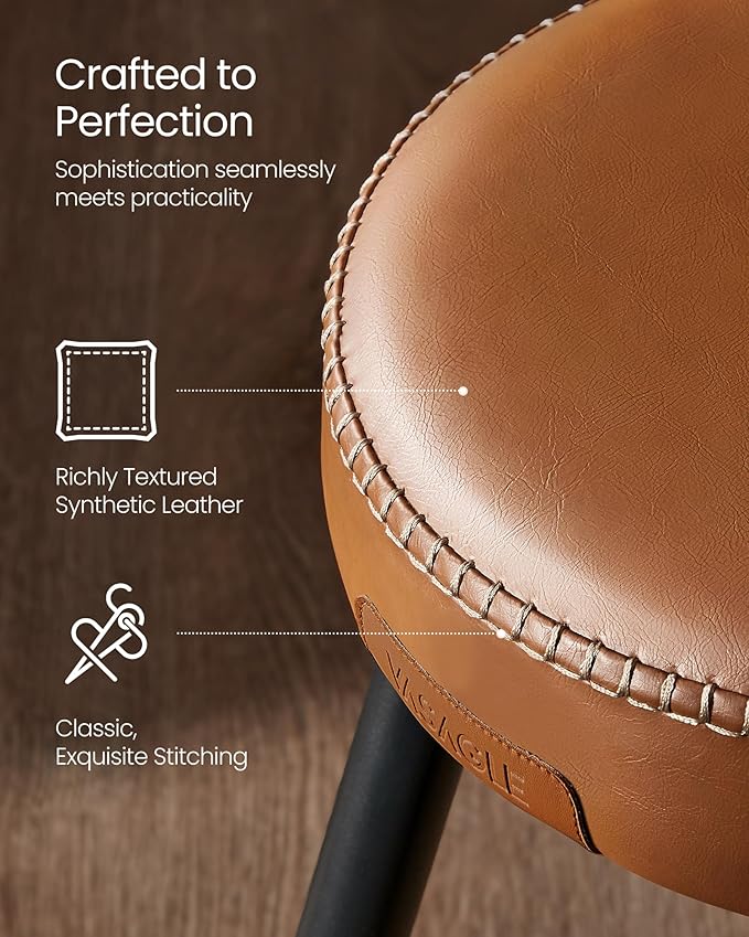 VASAGLE EKHO Collection - Dining Chairs Stools Set of 4, Upholstered Kitchen Chairs, Vanity Stools, Synthetic Leather with Stitching, Mid-Century Modern, 19-Inch Tall, Easy Assembly, Caramel Brown