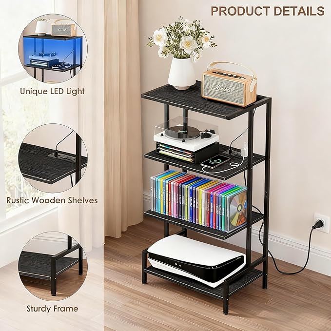 4-Tier AV Media Stand with Power Outlet and LED Lights,Wooden Stereo Stand Ca...