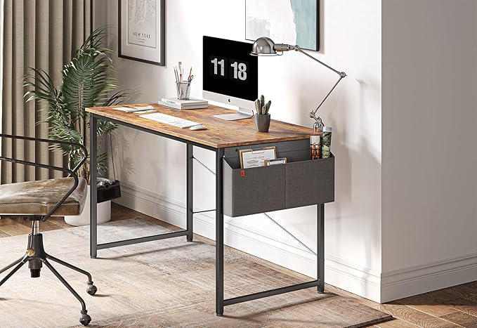 Cubiker Computer Desk 55 inch Home Office Writing Study Desk, Modern Simple Style Laptop Table with Storage Bag, Brown