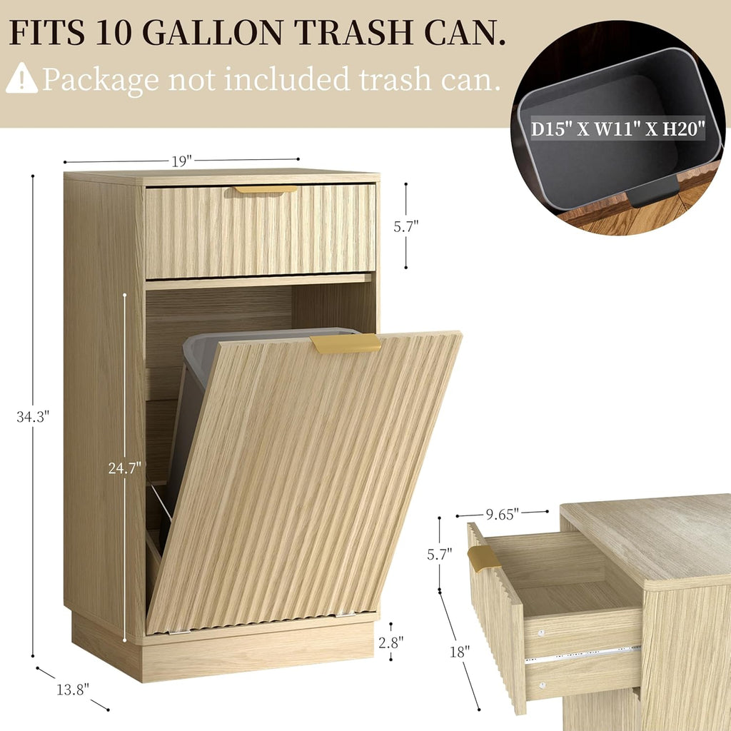 Tilt-Out Trash Cabinet with 10-Gallon Capacity, Walnut Laundry Hamper Cabinet, 34.3 x 19 x 13.8 inches, Wave-Textured Front.