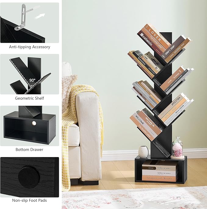 Hoctieon 6 Tier Tree Bookshelf, Tall Bookcase with Drawer, Freestanding Book ...
