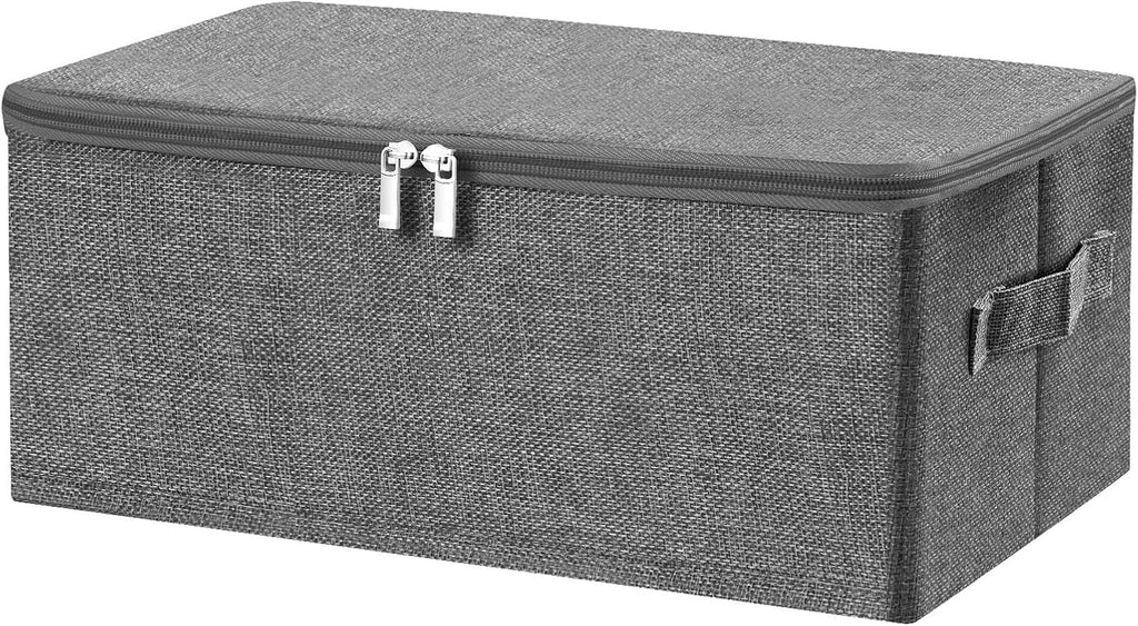 ANMINY Fabric Storage Bins with Zipper Lids, 15"x10"x6", Gray, 1 PCS | 15.6Qt Cotton Linen Storage Box, PP Board Frame, Washable Collapsible, with Handles & 3-side Open Lid, Stackable, Small