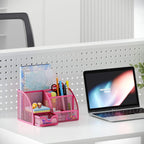 EasyPAG Mesh Desk Organizer with Drawer Multi-functional Pen Holder Stationery Organizer for Office School Supplies 6 Compartments Dorm Organizers and Storage for Desk, Hot Pink