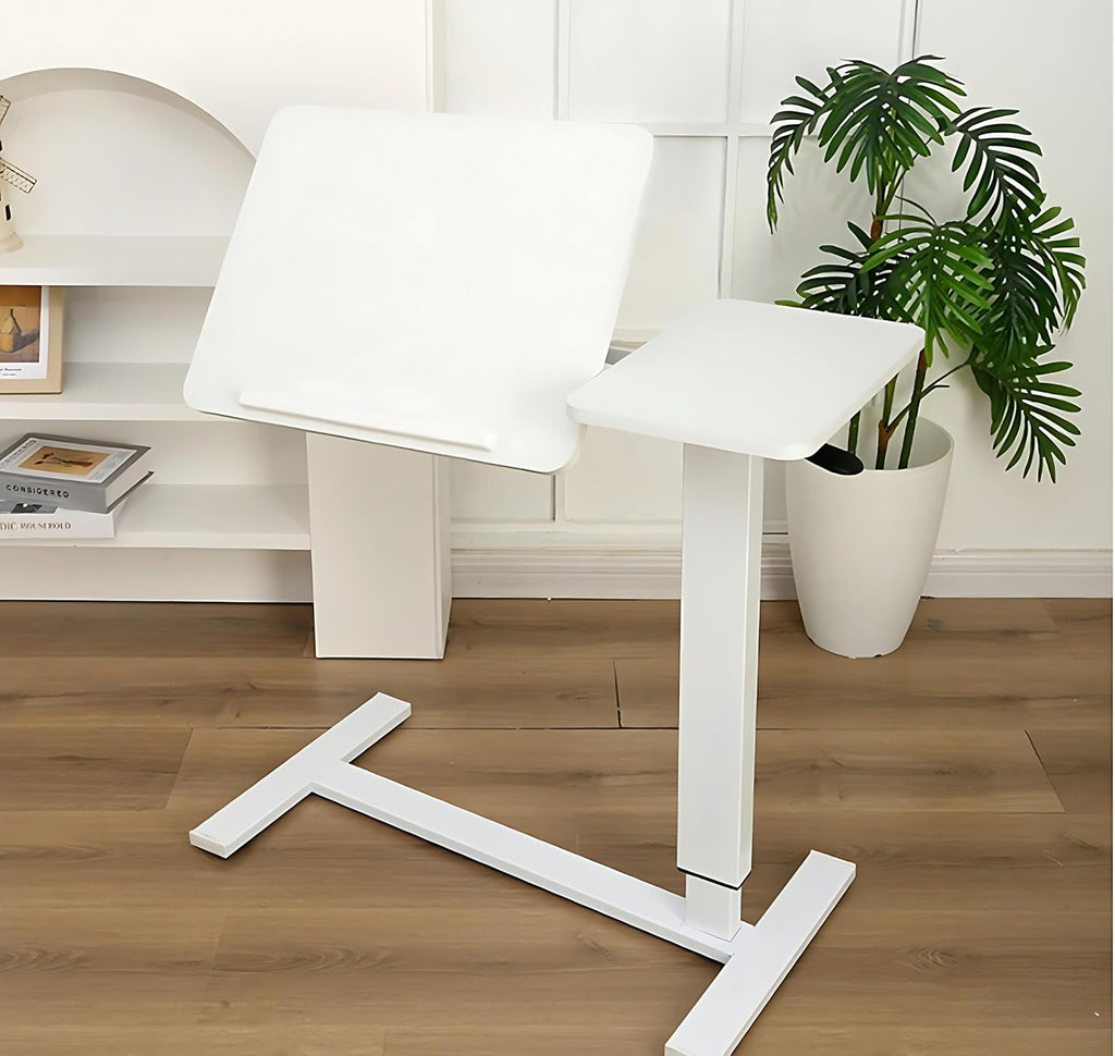 Overbed Desk with Wheels, Height Adjustable Rolling C Shaped Side Table with Tilting Top, Mobile Laptop Stand for Bed Couch Sofa, Bedside Table for Small Space Work from
