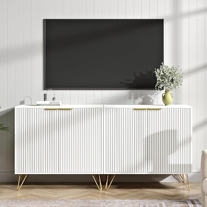 Fluted TV Stand for 60 Inch TV, Modern TV Stand, White Entertainment Center w/ 2 Storage Cabinets, Adjustable Shelves & Gold Handles, Wood Media Cabinet for Living Room, White