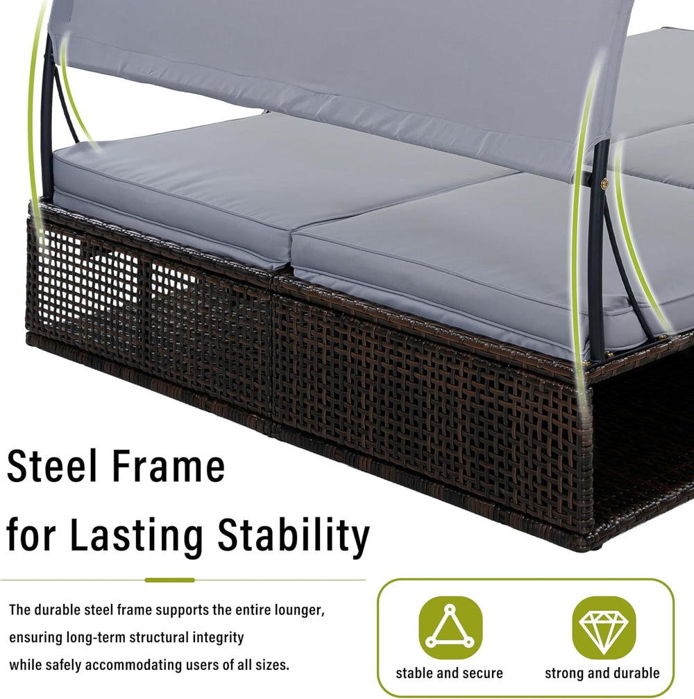Outdoor Sun Lounger with Adjustable Backrest,Canopy, Patio Double Sunbed with...