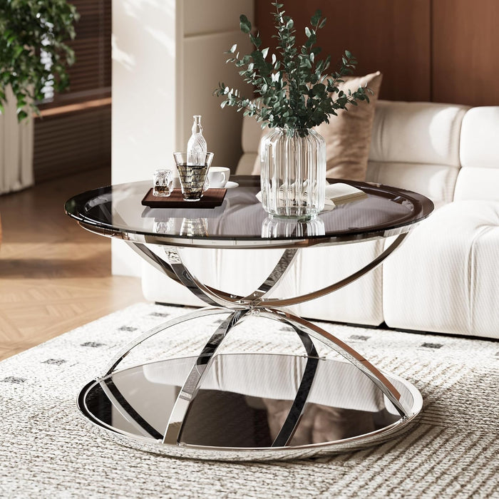 32" Tempered Glass Silver Round Coffee Table