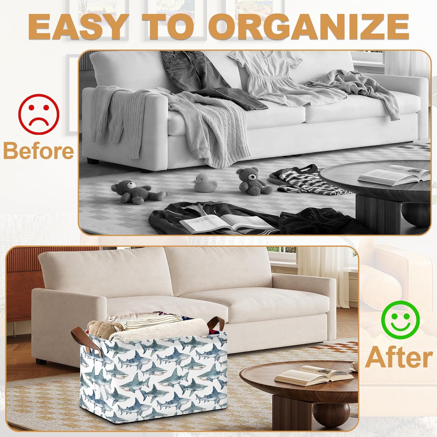 Sharks Storage Bin with Handles, Basket Storage Organizer for Shelves, Closet, Nursery, Book, Laundry Hamper & Home Decor