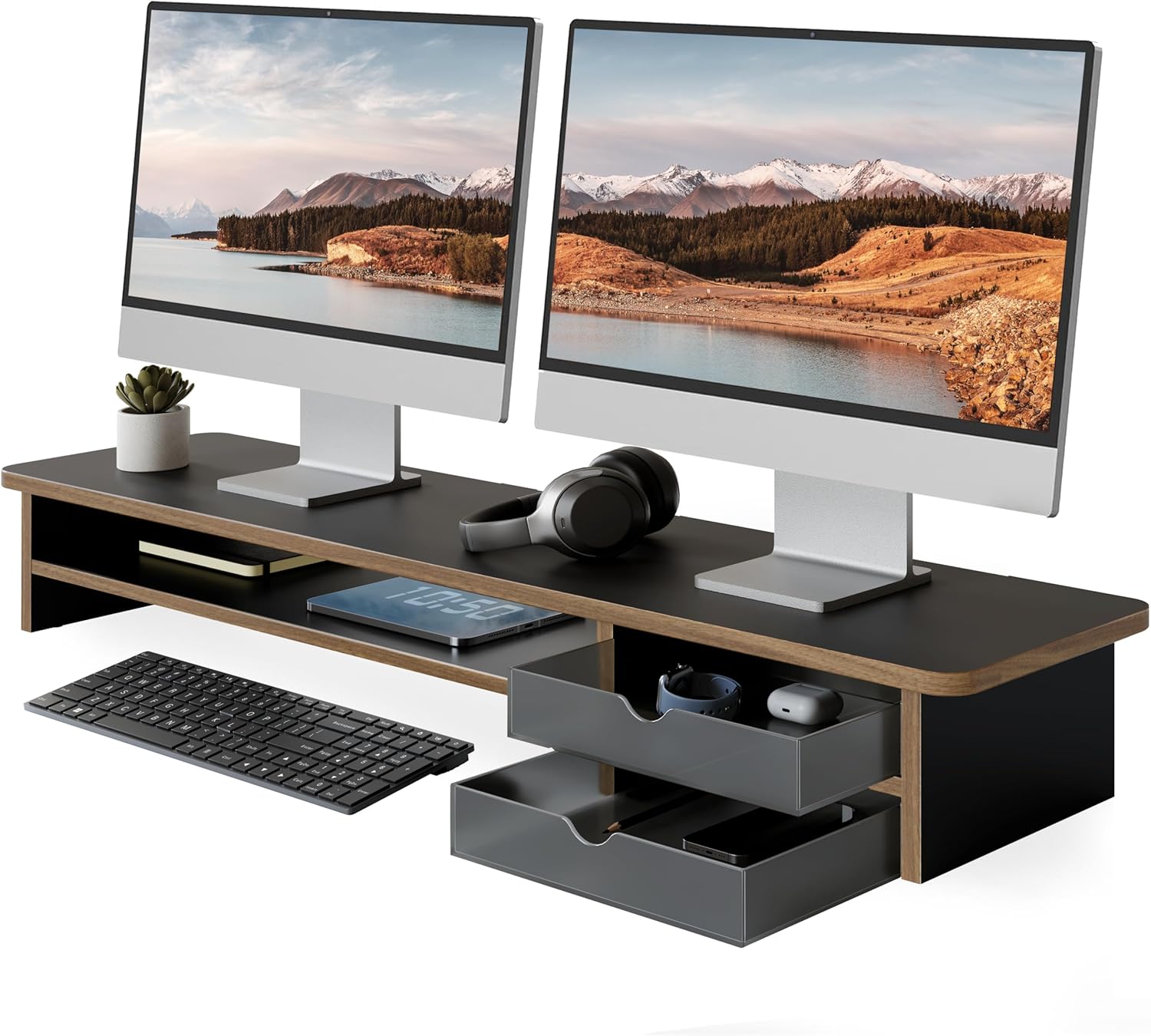 Fenge Monitor Stand, Dual Monitor Riser, 42.5inch Large Desk Computer Monitor Stand Riser with Drawer, 2 Tier Wood & Acrylic Desktop Organizer with Cable Management