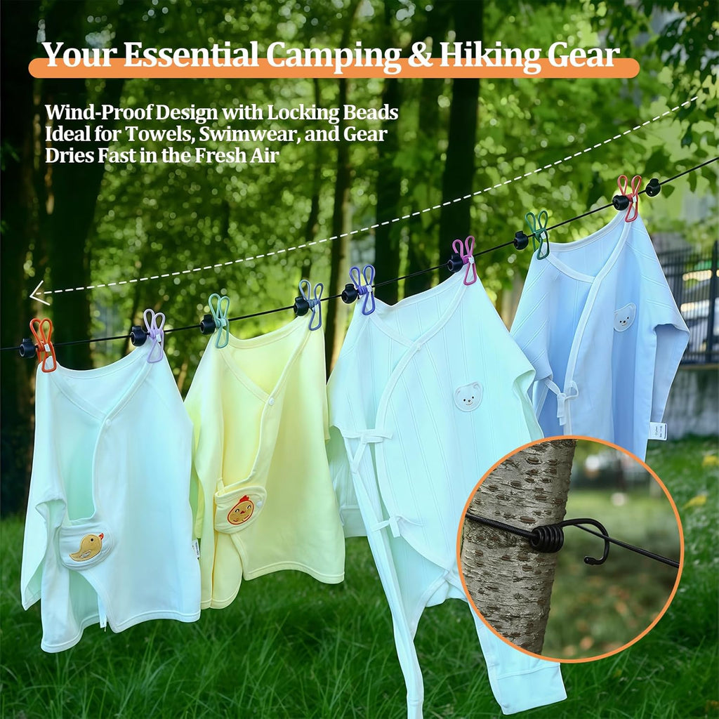 Travel Clothesline Retractable Portable Clothesline with 12 Clips Portable Elastic Camping Clothes Line with Anti-Slip Beads & Stainless Hooks for Hotel, RV, Boat, Outdoor Use (1 Pack)