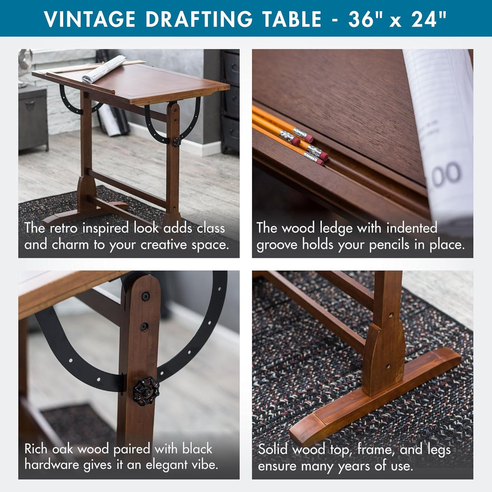 Studio Designs Vintage Rustic Oak Drafting Table, Top Adjustable Drafting Tab...