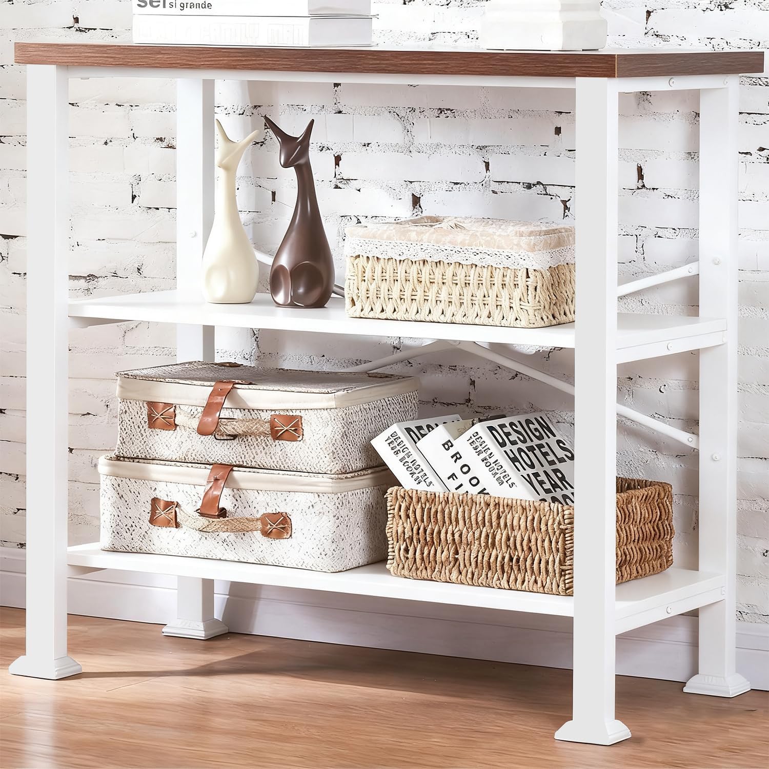 Hombazzar 3 Tier Book Shelf,31.5" Wide White and Brown Short Bookshelf | Multipurpose Design for Living Room,Office,Bedroom. Retro Industrial Design,Stability,Adjustable Feet,Easy Assembly