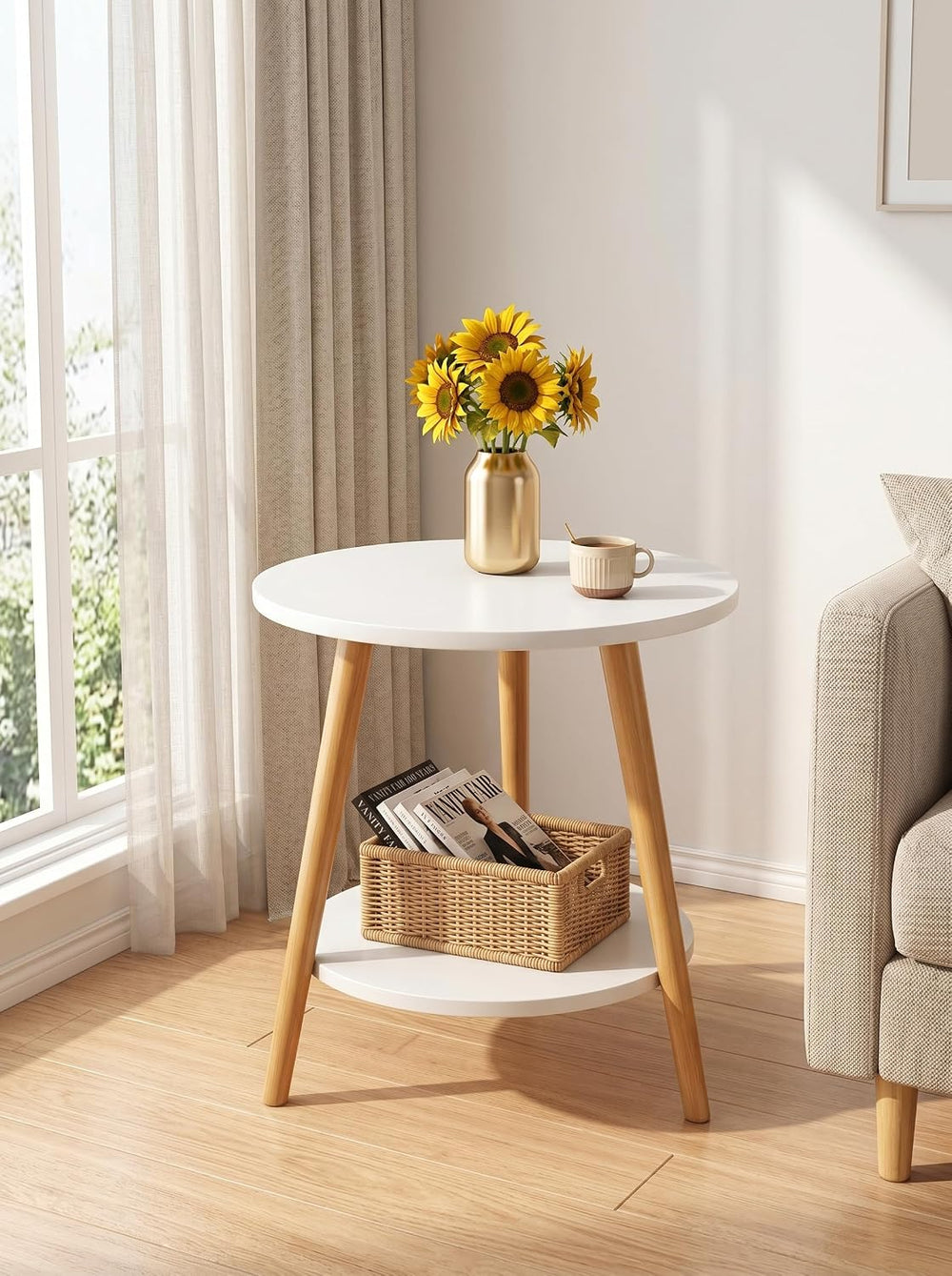 Round Side Table 2-Tier Wood Coffee Table Night Stand with Stable Triangle Le...