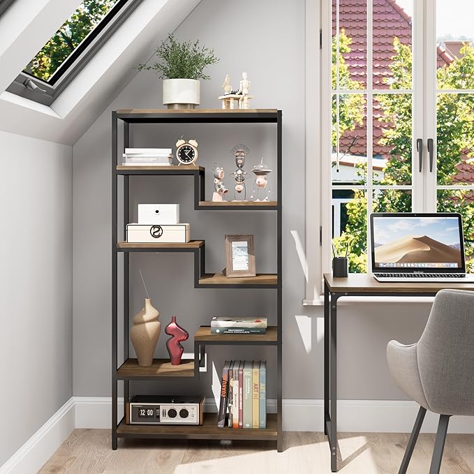 Solid Wood Industrial Tall Bookshelf - 7 Tier Staggered Bookshelves, 55’’H Rustic Brown Vintage Bookcase, Free Standing Open Bookshelf, Shelving Units Organizer for Bedroom Office Living Room.