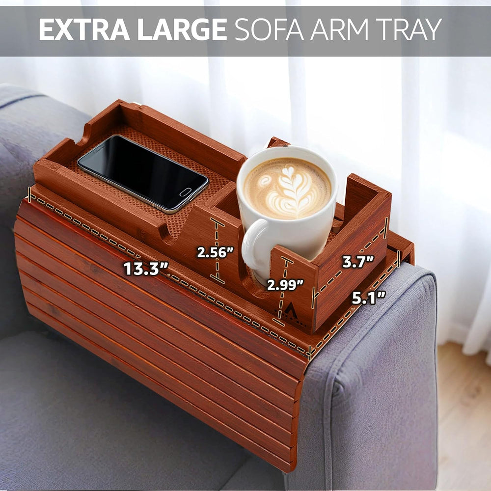 Brown Bamboo Couch Arm Tray with Non-Slip Mats, Slide-Away Upper Tray, Adjust...