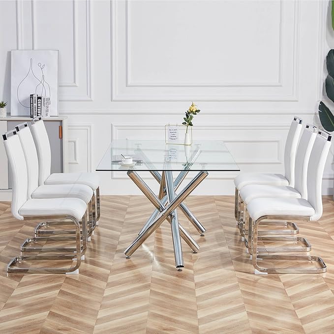 AZmac Modern Leather Dining Chairs Set of 6,Armless Kitchen Chairs,Dining Room Chairs with Upholstered Padded Seat and Sturdy Chrome Legs for Dining Room,Kitchen (Set of 6, White+PU Leather)