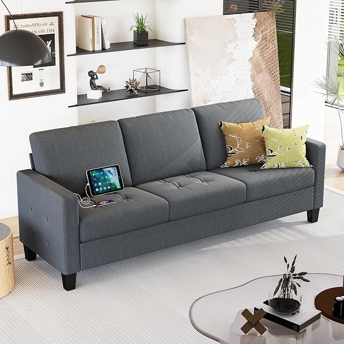 STHOUYN 73" W 3 Seater Sofa Couch with USB Ports, Grey Comfy Couches for Small Spaces, Mid Century Modern Couch Loveseat for Living Room, Apartment, Bedroom (Dark Grey)