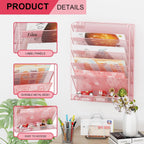 Wall File Organizer Holder Mesh Hanging Paper Document Holder, Vertical 6 Pocket Tier for Office Home, Light Pink