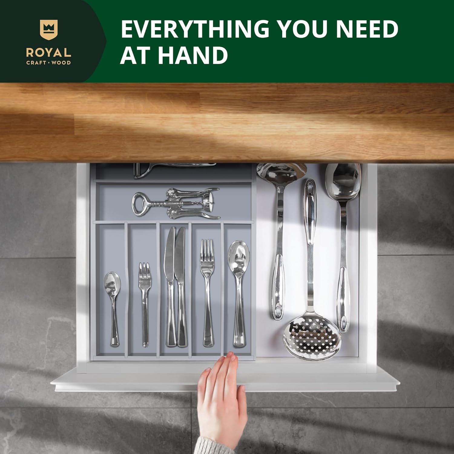 ROYAL CRAFT WOOD Luxury Bamboo Kitchen Drawer Organizer - Silverware Organizer - Utensil Holder and Cutlery Tray with Grooved Drawer Dividers for Flatware and Kitchen Utensils (7 Slot, Gray)