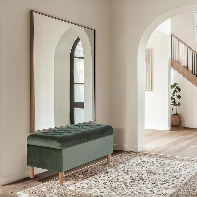 HomePop Home Decor | Tufted Ainsley Button Storage Ottoman Bench with Hinged Lid | Ottoman Bench with Storage for Living Room & Bedroom,Loden Green Velvet