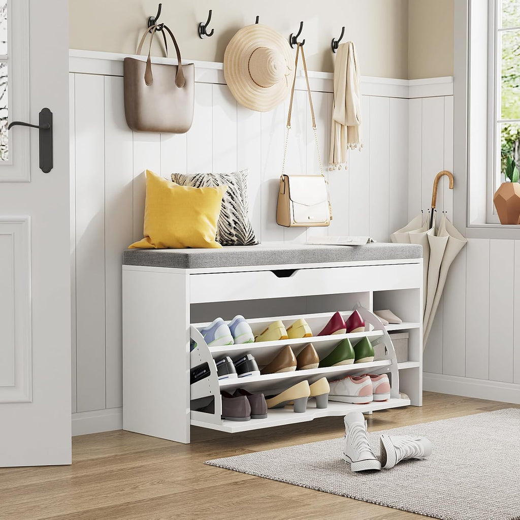 VOWNER Shoe Storage Bench with 3-Tier Flip Drawer & Padded Cushion, Shoe Rack Bench with Flip-Open Storage Box, Shoe Storage Organizer for Entryway, Hallway, Living Room, White | Narrow shoe tipper with seat cushion and adjustable compartments for hallway