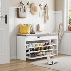 VOWNER Shoe Storage Bench with 3-Tier Flip Drawer & Padded Cushion, Shoe Rack Bench with Flip-Open Storage Box, Shoe Storage Organizer for Entryway, Hallway, Living Room, White | Narrow shoe tipper with seat cushion and adjustable compartments for hallway