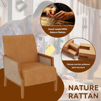 WENTMENT Modern Accent Chair, Armchair with Natural Rattan Armrest, Upholstered Living Room Chair Comfy Single Sofa Chair for Hosting Room/Bedroom, Brown