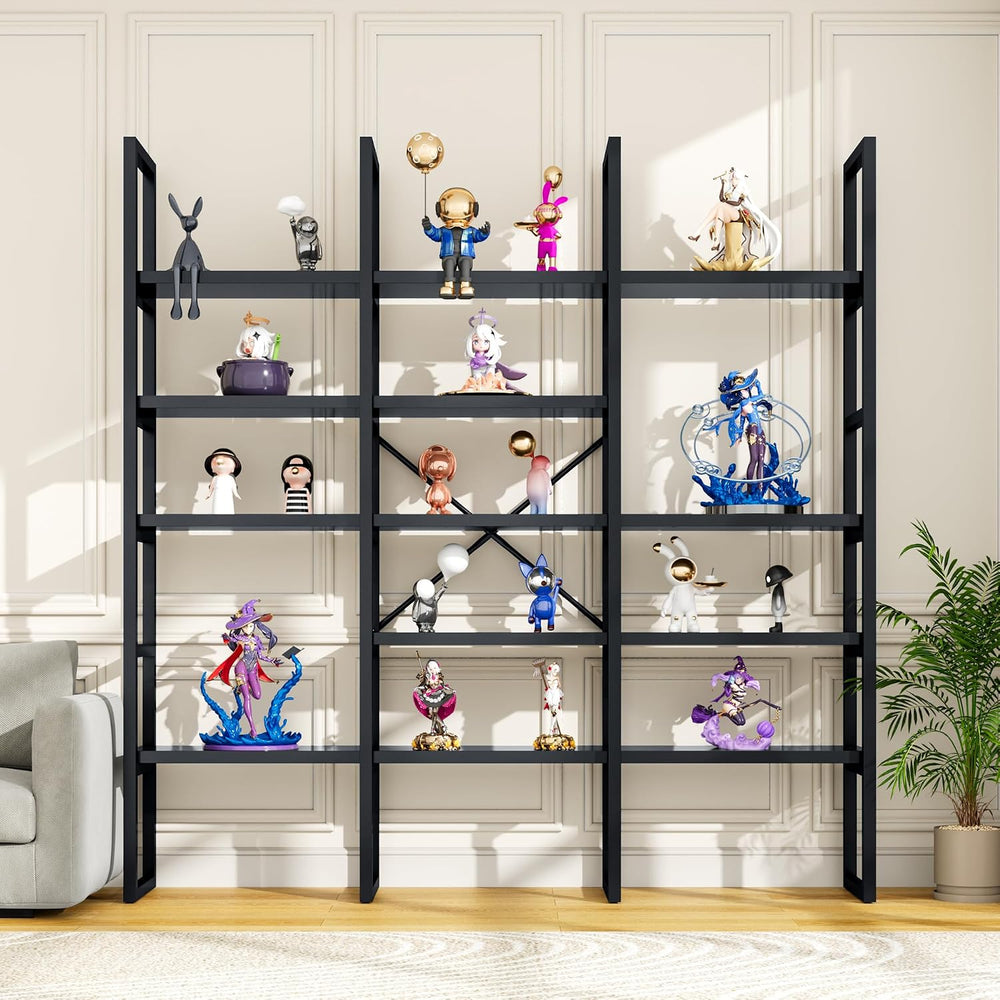 Large Bookshelf 5 Tiers, Triple Wide Geometric Bookcase, 71 Inches Tall Indus...