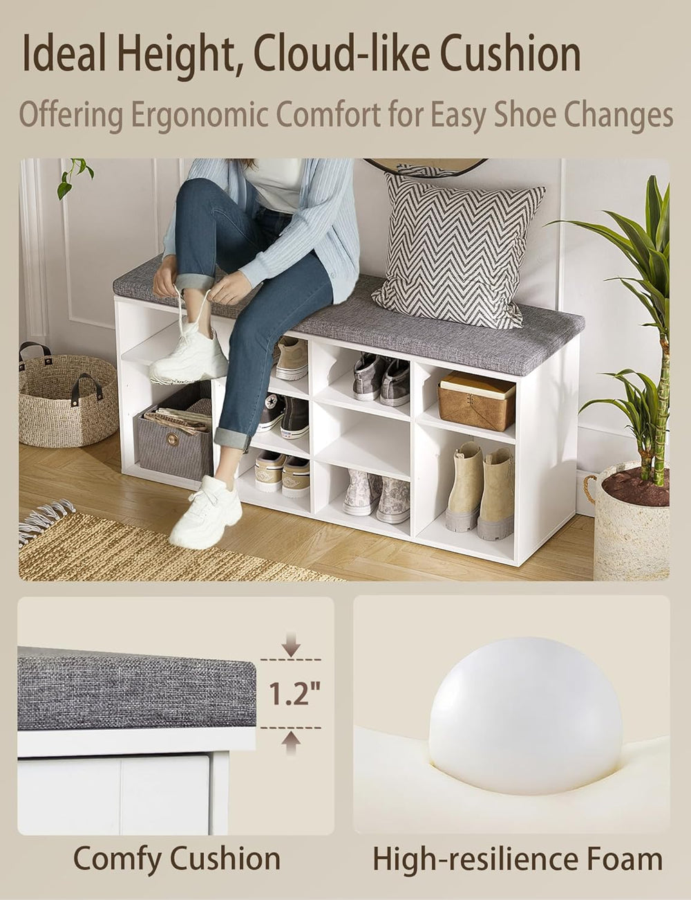 DINZI LVJ Shoe Storage Bench with Cushion, Cubby Shoe Rack with 12 Cubbies, A...