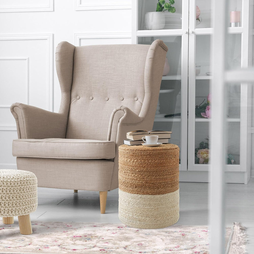 Casafield Hand-Braided Jute Pouf Ottoman Footrest, 14" W x 14" D x ...