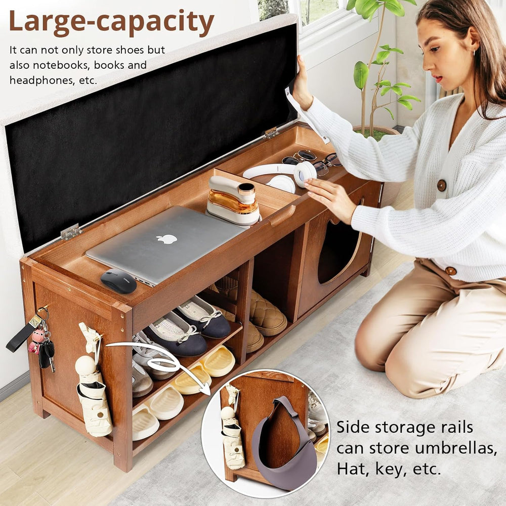 Shoe Bench with Cat Cabinet and Hidden Drawer, 2 Tier Entryway Bench with Sto...