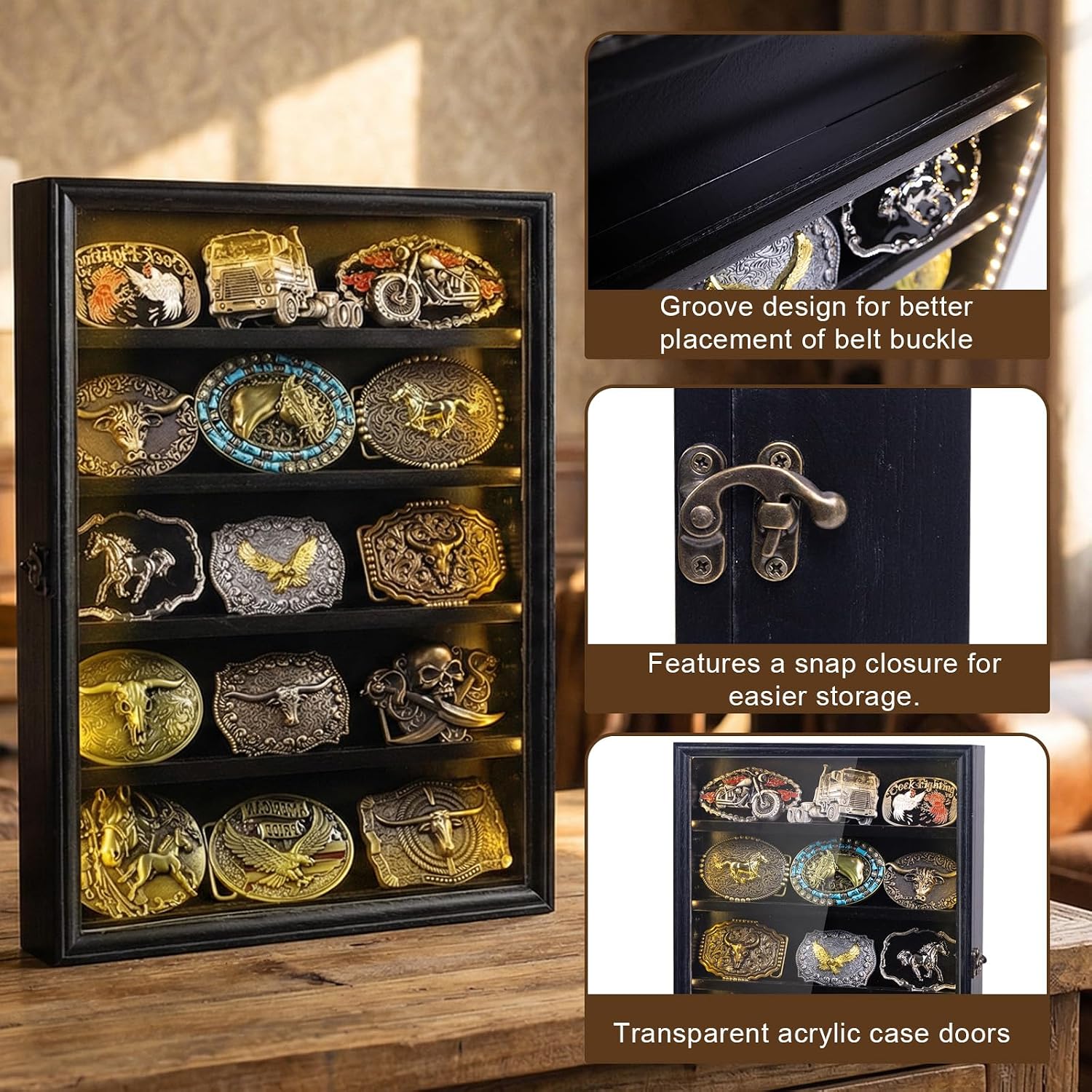 Belt Buckle Display Case, 5 Belt Buckle Holders Included, 17x12 Black Shadow Box with LED Light, Wall-Mounted Men's Belt Clip Storage Box, Lockable